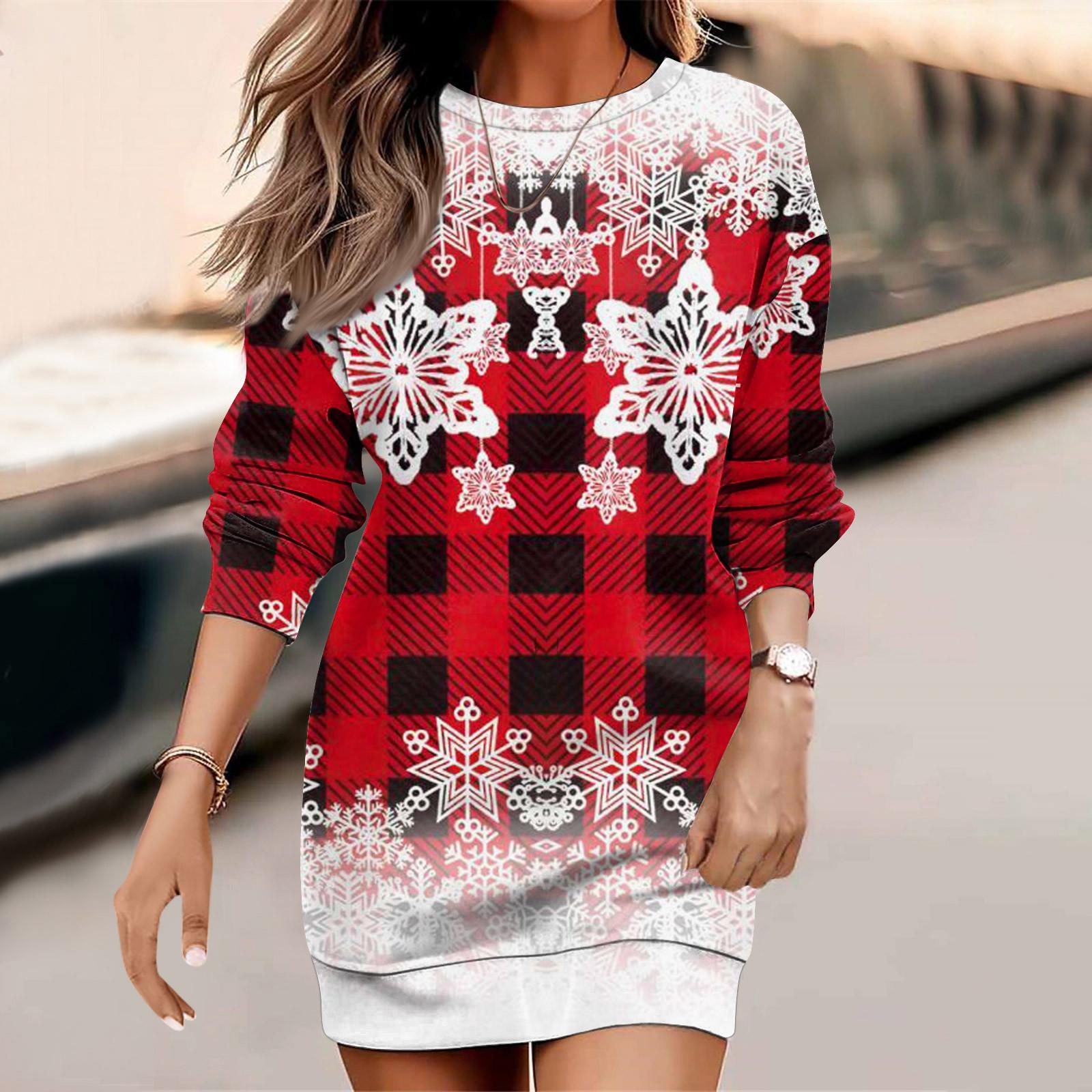 

Женская мода с круглым вырезом и рождественским принтом с длинным рукавом и запахом, платье-свитер XL белый