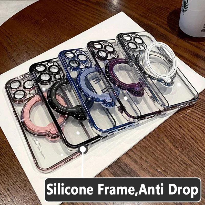Husă de telefon cu suport în picioare transparent pentru iPhone 15 14 13 12 11 Pro Max Plus X XR XS Max pentru husă de protecție cu inel magnetic Magsafe