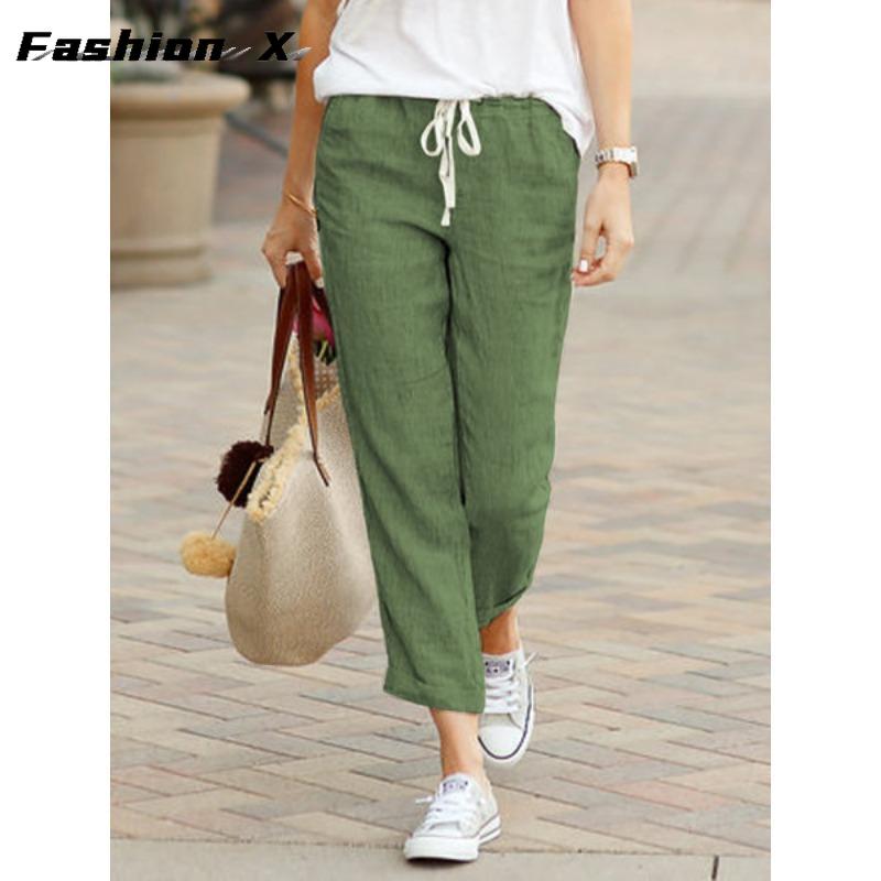 Fashion Women's Pants Cotton Linen Pants Drawstring Loose Large Size Pants Ladies Black Bottom Pants 695