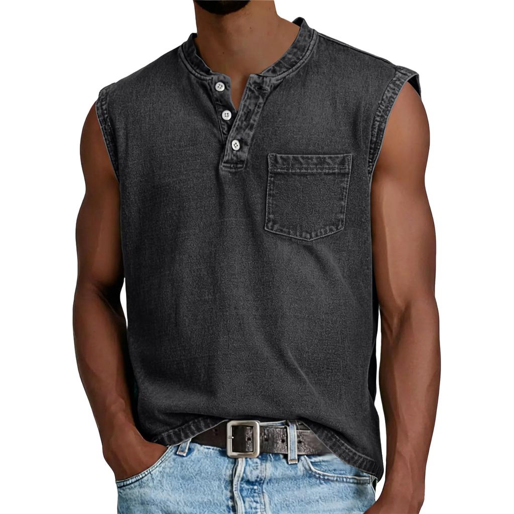 Canotta da uomo senza maniche in cotone con tasca, vestibilità casual rilassata, stile Henley, maglia sportiva per muscoli, per l'uso quotidiano