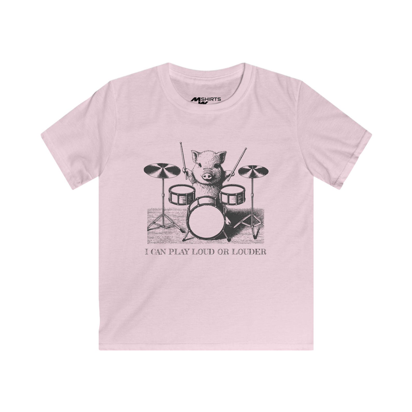 Kids Pig Drummer T-shirt: Engraved Vintage Style, Music Lover Tee 3XL