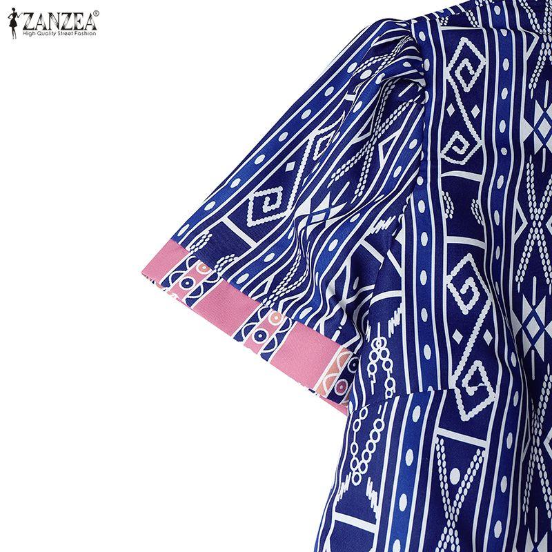 ZANZEA Women Casual Stand Collar Summer Short Sleeve Print Dress