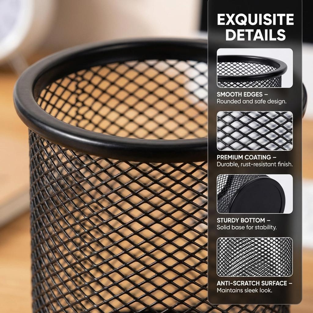 Black Metal Small Pen Holder, Compact Desk Pencil Cup, Square Space-Saving Organizer for Office Home