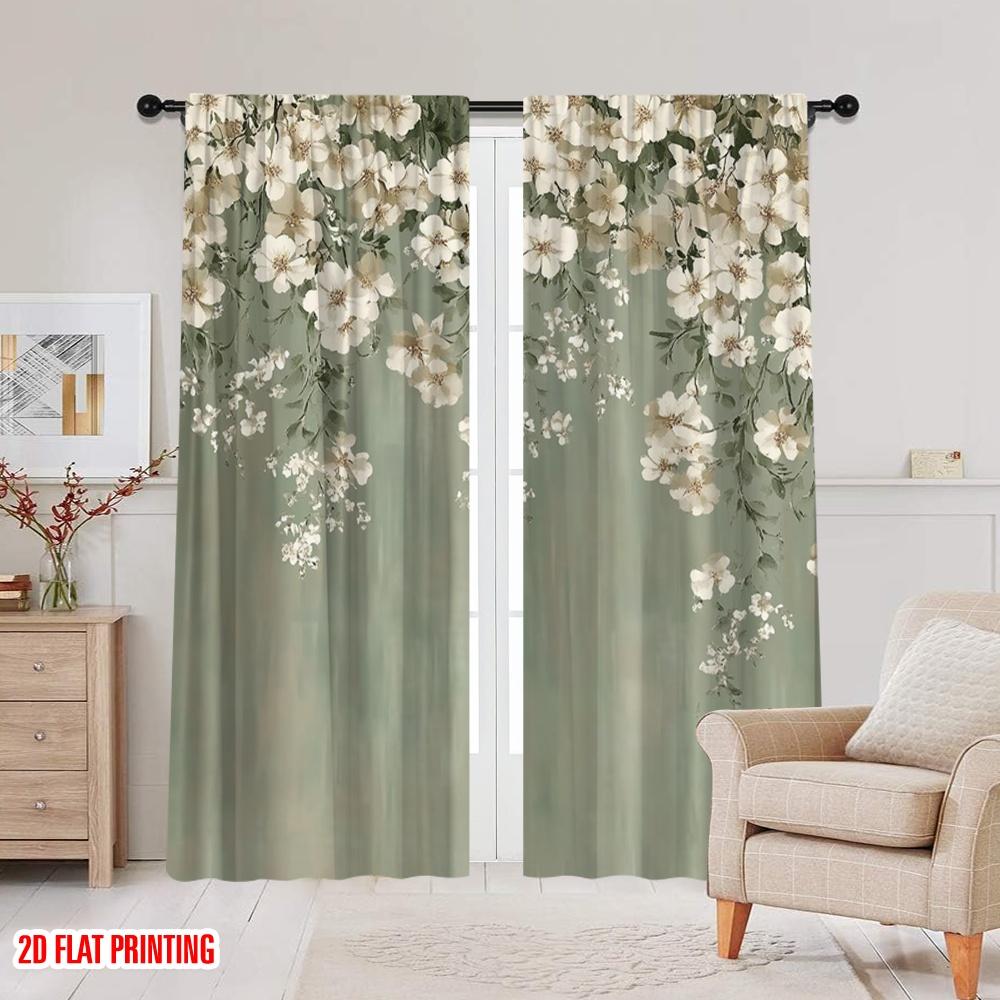 2 st Osäljbar Rea Fönstergardiner Eleganta gröna och vita blommor Mångsidig 100% Polyester, Utan Elektricitet Vårfest &