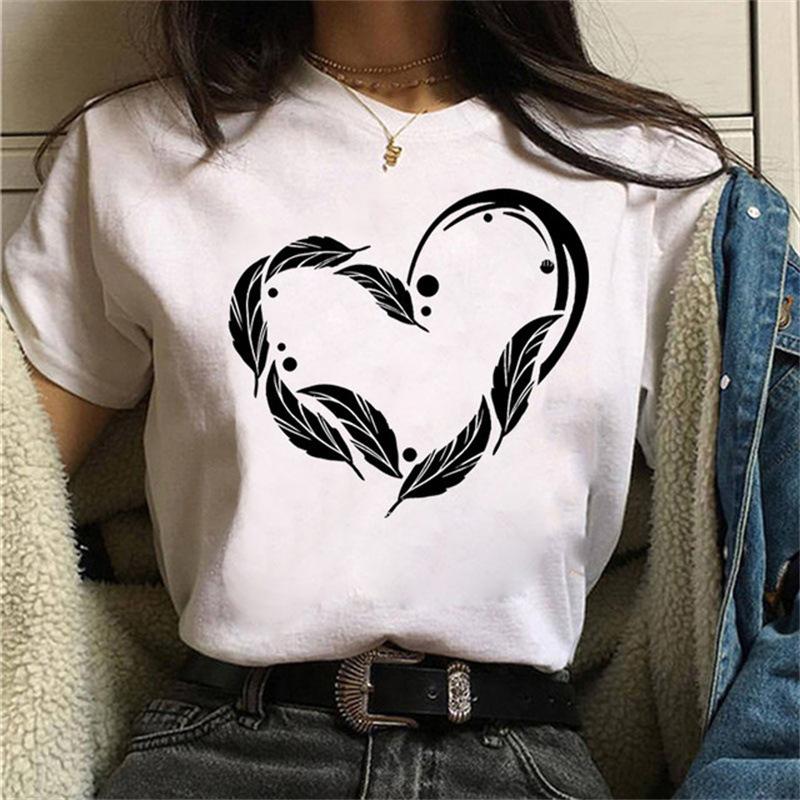 Women's Fashion T-shirt Short Sleeve Summer Cute Love Heart Print Casual Tee Tops
