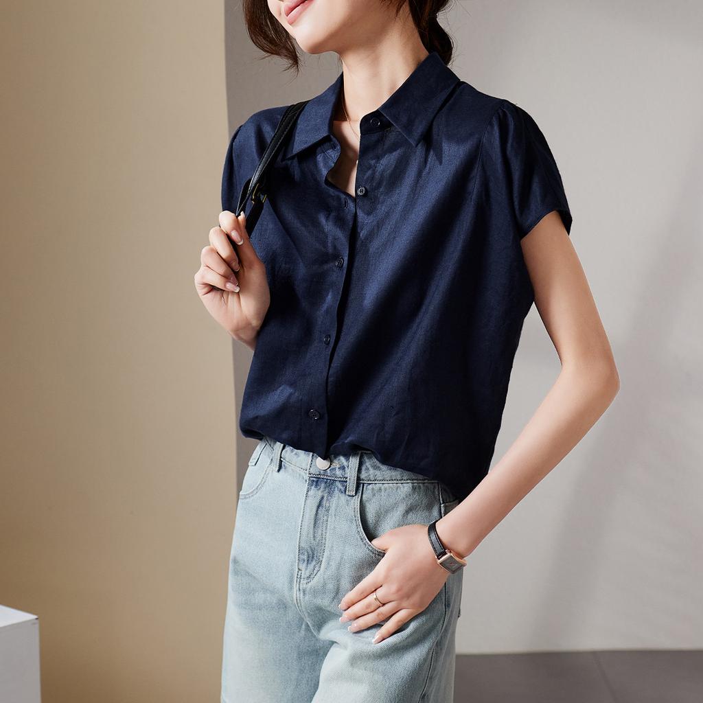 Breathable linen short sleeved shirt for women's 2026 summer commuting and leisure versatile short top