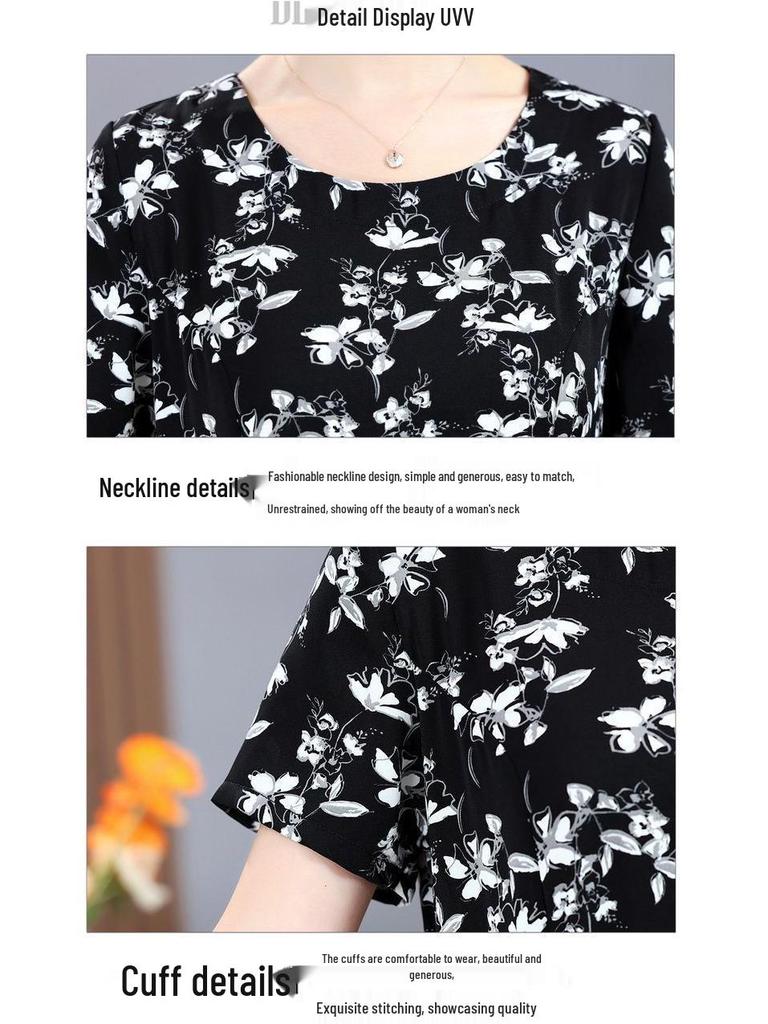 Elegant Floral A-Line Midi Dress for Women - Waist-Cinching, Slimming, Short-Sleeved, with Pockets, New Summer Arrival