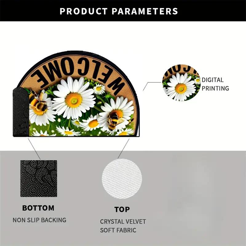 60*90cm Charming Bee & Floral Welcome Mat - Non-Slip Durable Semi-Circular Door Mat -Multiple Sizes Available, Bee Kitchen Decor Mat