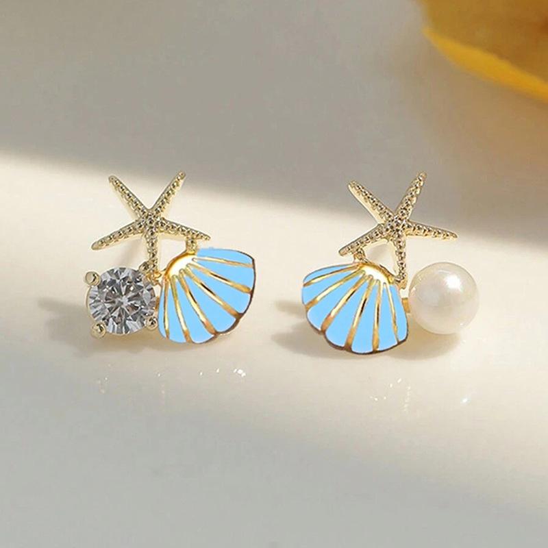 2026 New European and American Shell Sea Star Earnail Women's Pearl Drip Oil Small Fresh Zircon Vacation Style Exquisite Style