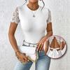Women'S White Lace Short Sleeve Bodysuit Crew Neck Backless Tie Up Stretchy Rib Knit Jumpsuit Summer Top
