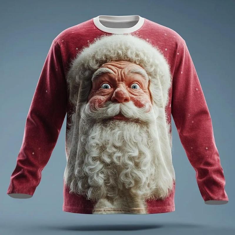 Men Christmas Long Sleeve T‑Shirt 3D Santa Claus Print Red White Stripe Autumn Xmas Holiday Party Casual Tee Tops
