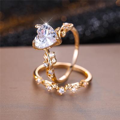 Damen Kristall Weiß Zirkon Stein Herz Verlobungsring Set Luxus Goldfarbe Hochzeits Schmuck für Frauen
