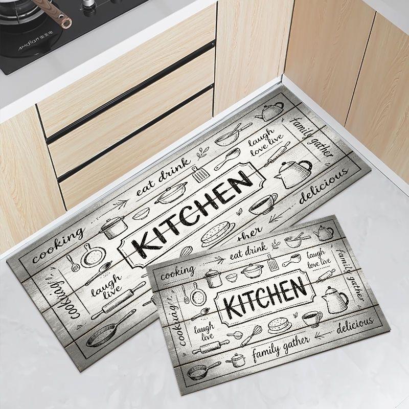 Grey Wood Sketch Kitchenware Mat Non Slip Waterproof Runner Rug Easy Clean Farmhouse Kitchen Floor Carpet