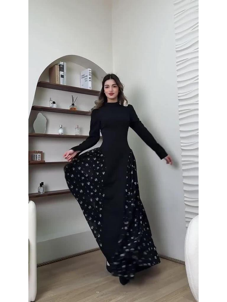 2025 Spring Long-Sleeved Floral Print Dress - European and American Style, Round Neck, Long Skirt