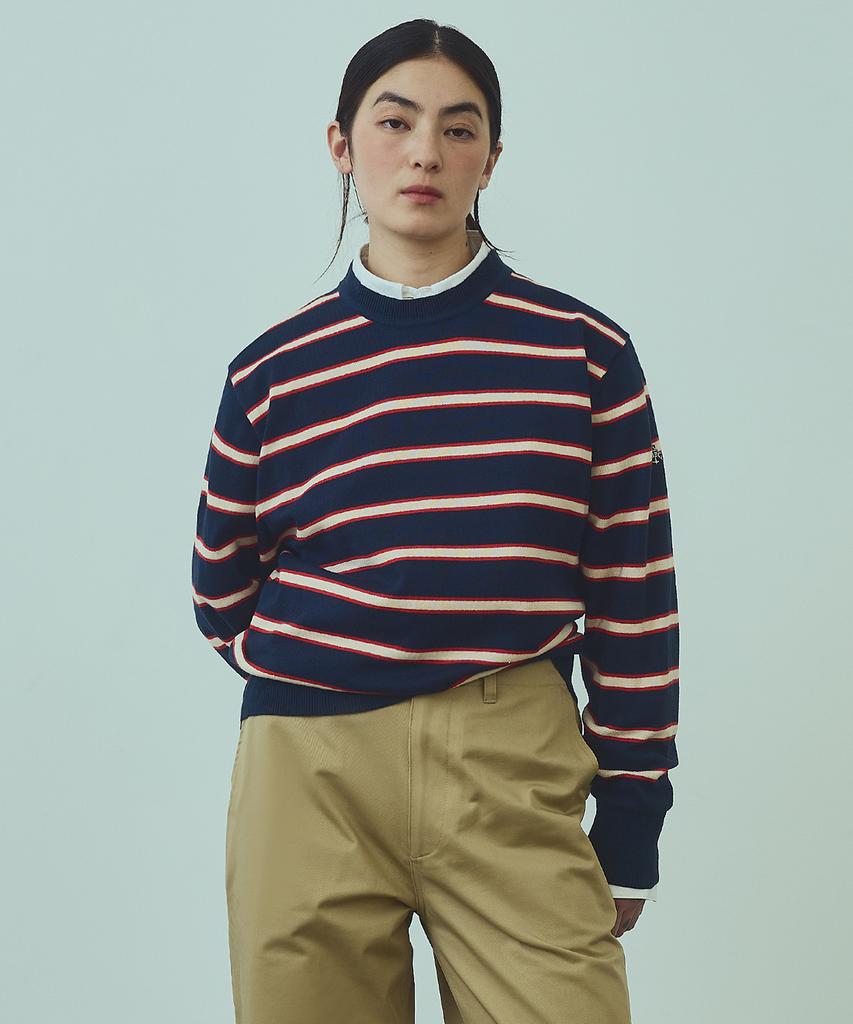 UNIFORM BRIDGE Stripe Crew Neck Knit(Women) Navy