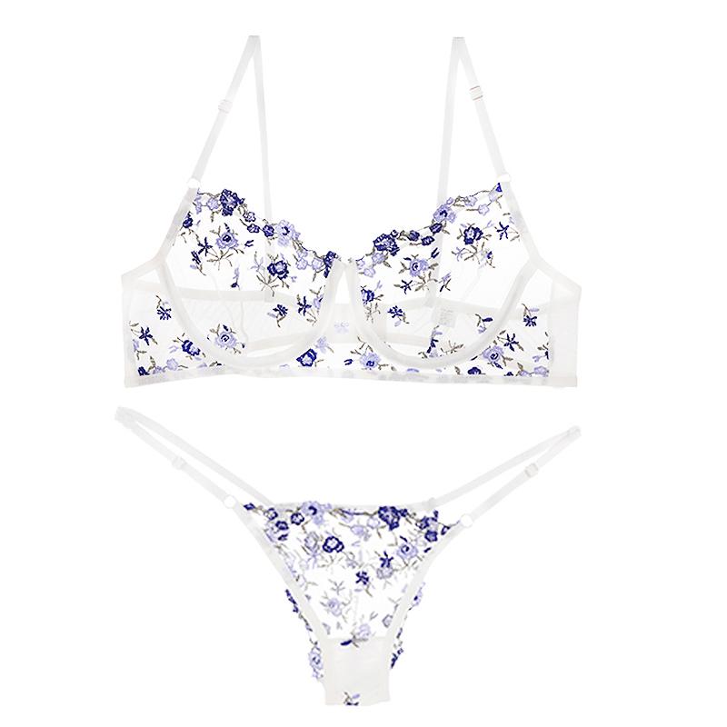 Women Transparent Sexy Lace Bra Set Underwired Bras Thin Female Pure Desire Underwear Floral Thong Sexy Lingerie Set