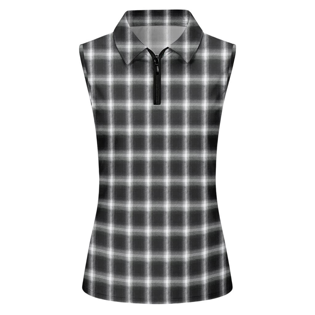 Women Sleeveless Golf Polo Shirt Zip Collar Plaid Print Athletic Tank Top for Sports and Outdoor Activities
