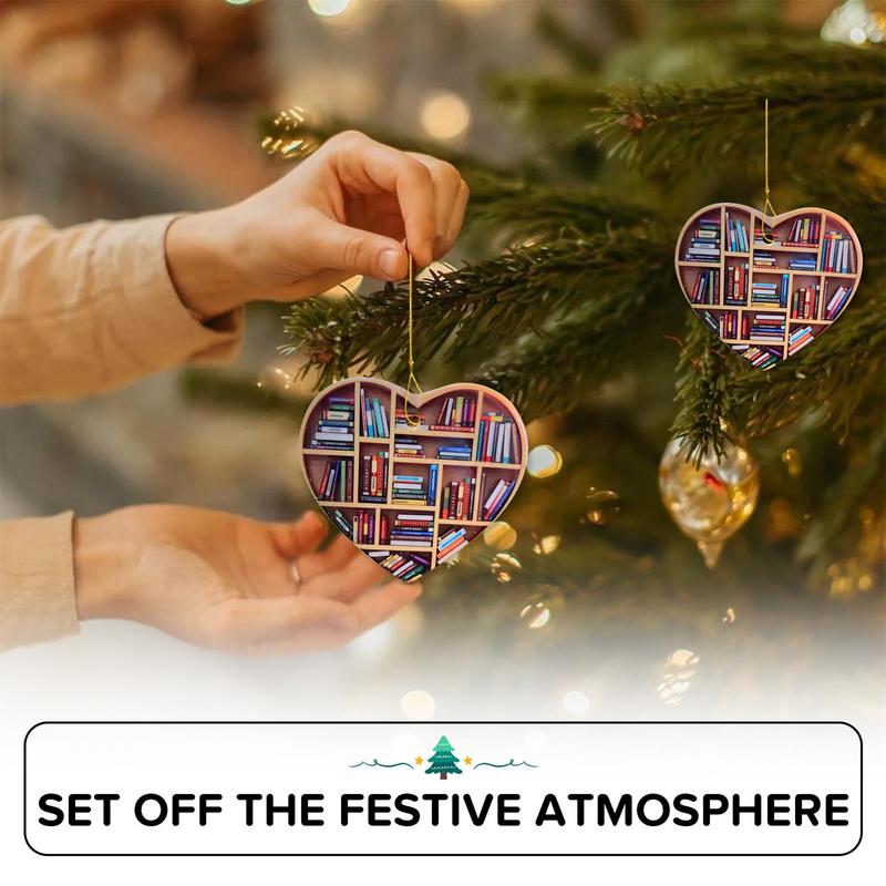Book Lovers Ornaments Wooden Heart Shaped Bookshelf Reading Pendant Christmas Tree Hanging Decoration Home Xmas Ornaments