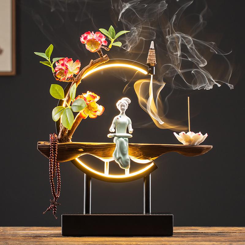 Chinese Style LED Ring Lamp with Backflow Incense Burner for Living Room Decor