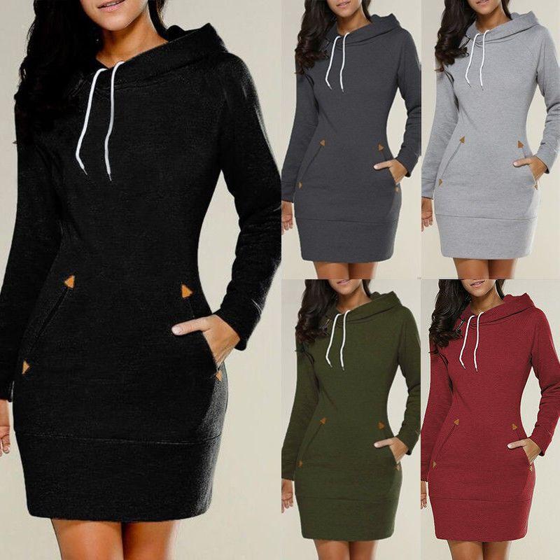 Womens Hooded Mini Dress Casual Long Sleeve Sweatshirt Jumper Slim Fit With Pockets