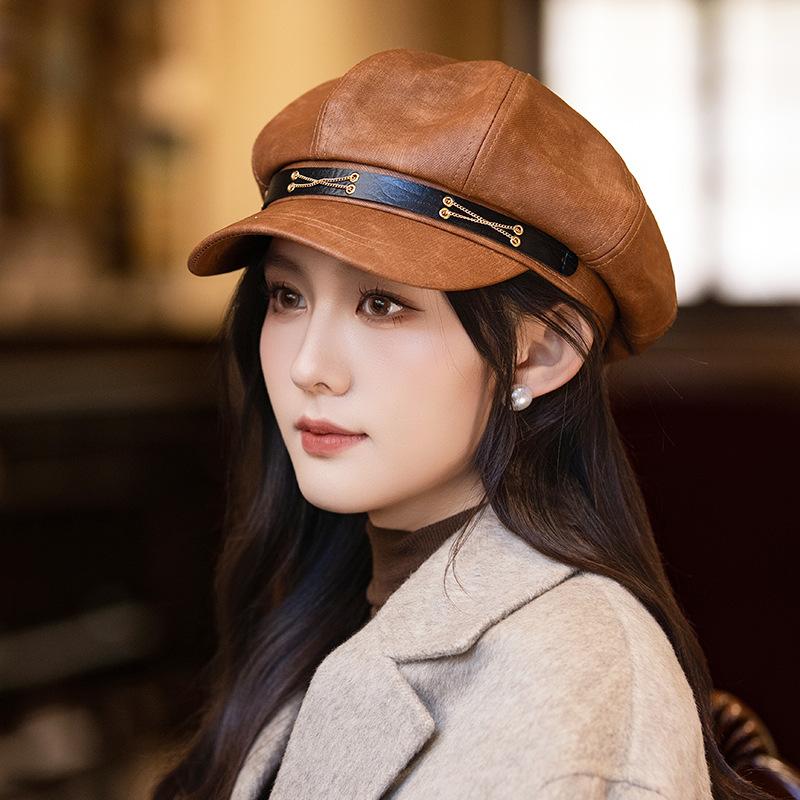 Korean Versatile Chain Beret Women Autumn and Winter British Style Windproof Octagonal Hat Outdoor Travel Retro Painter Hat