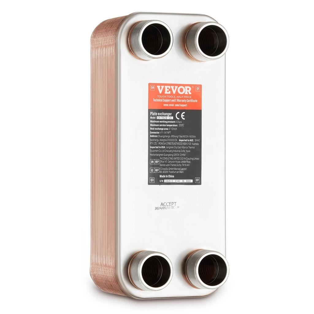 30 Plate Heat Exchanger 4*1-1/4" MNPT Ports 5"x 12" Brazed 316L St. Steel