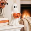 Rustikální podzimní stolní dekorace Pryskyřičná soška ducha s dýňovou miskou na sladkosti, Roztomilá figurka, Vstupní dekorace pro sezónu trick-or-treat nebo držák na pochoutky