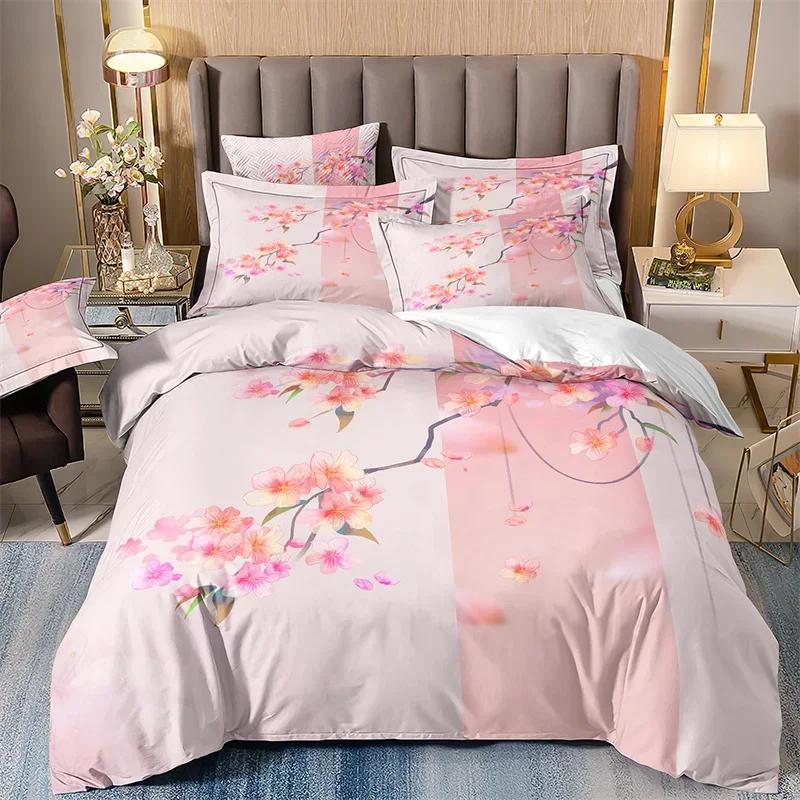 

Japanese Double Flower Soft Duvet Cover,Watercolor Chery Blosom Painting,Bed Cover Ful Set,Microfiber Warm Comforter, Beding Set white 100*200cm Single