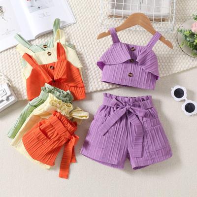 Traje de Moda para Niñas Verano Niños Casual Top Halter Bolsillos Abiertos Pantalones Cortos con Cinturón Traje