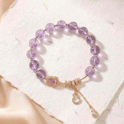 Violet Natural Bolivian Amethyst Single-Strand Bracelet with Exquisite Gourd Pendant, Versatile Women's Jewelry