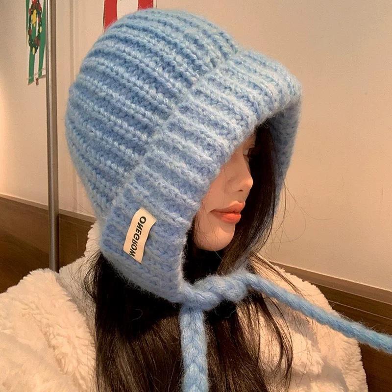 Blue Balaclava Hat Women's Autumn and Winter Warm Ear Protection Knitted Wool Hat Showing a Small Face and Cold-proof Bag Head Hat