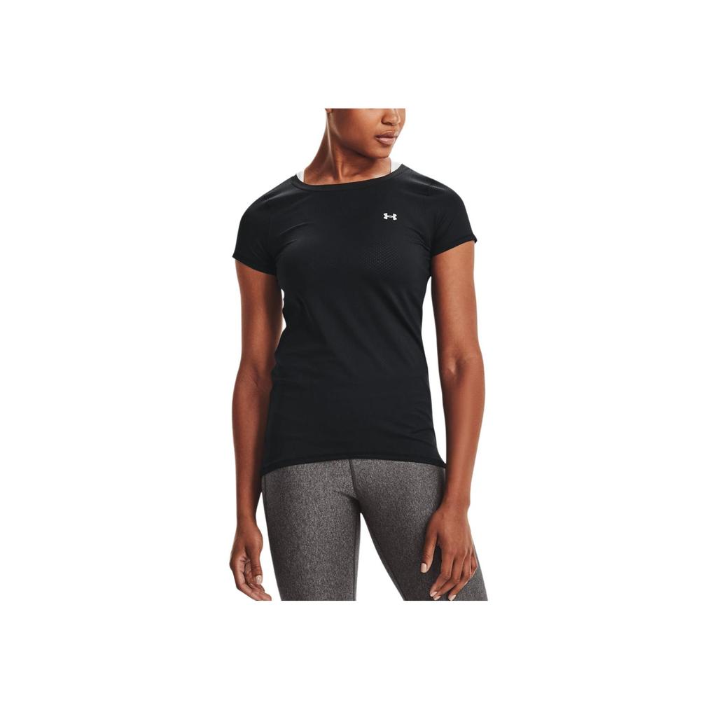 Under Armour HeatGear Armour Logo Print Crew Neck T-Shirt Women Tops Black 1328964-001