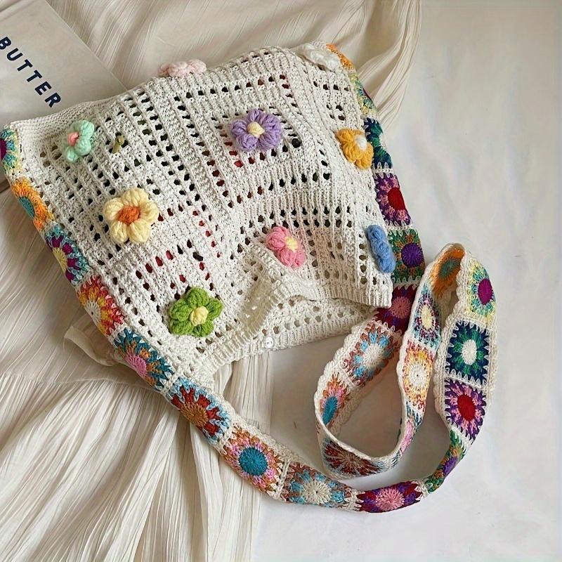 Bohemian Vintage Hollow Floral Contrast Casual Messenger Bag - Assorted Color Fabric with Buttons, Washable By Hand, Open Design, Ideal for Women