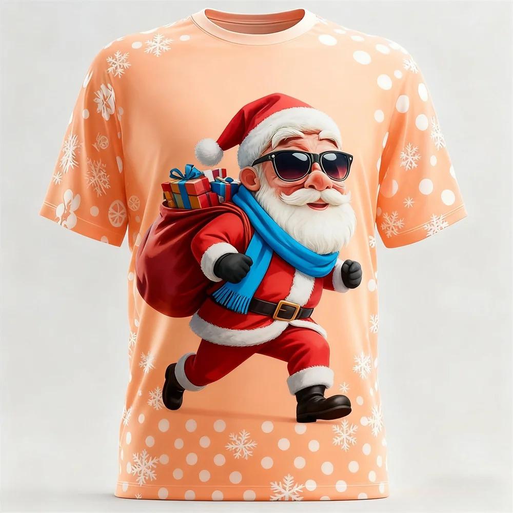 Fun Santa Claus 3D Print Sporty Men T-shirt Casual Loose Street Christmas Party Harajuku Cartoon Cute Short-sleeve Clothing Top