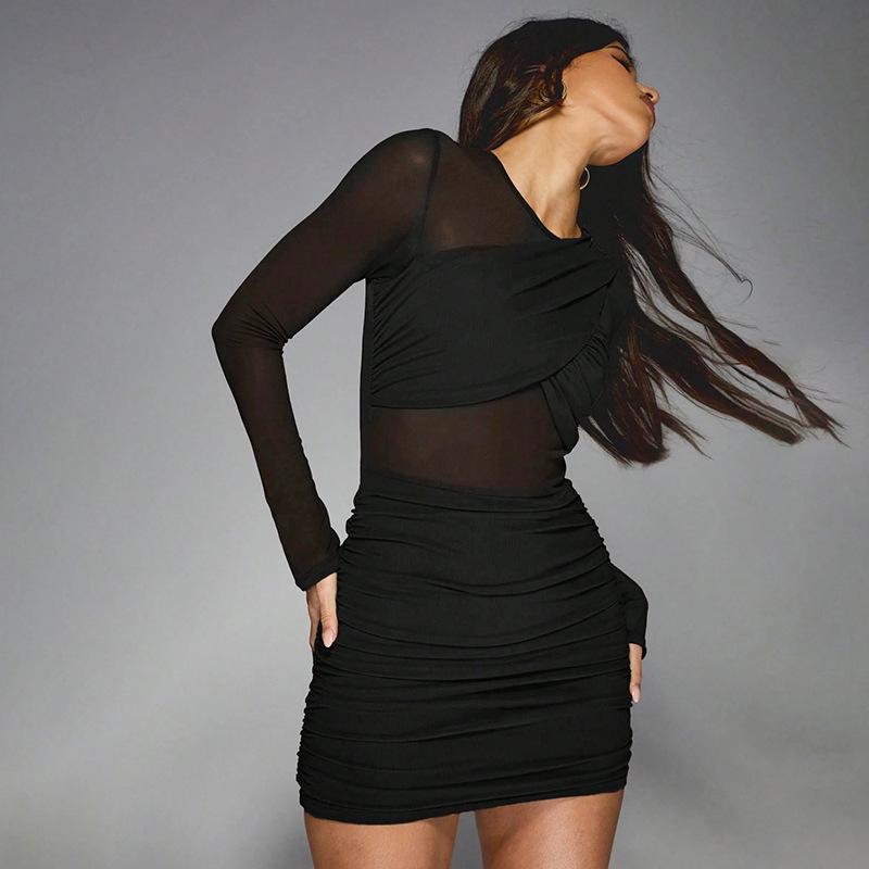 European & American Women's Asymmetrical Mesh Patchwork Long Sleeve Bodycon Dress