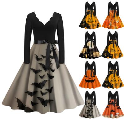 Halloween Women's Casual Fashion V-Neck Printed Vintage Dress