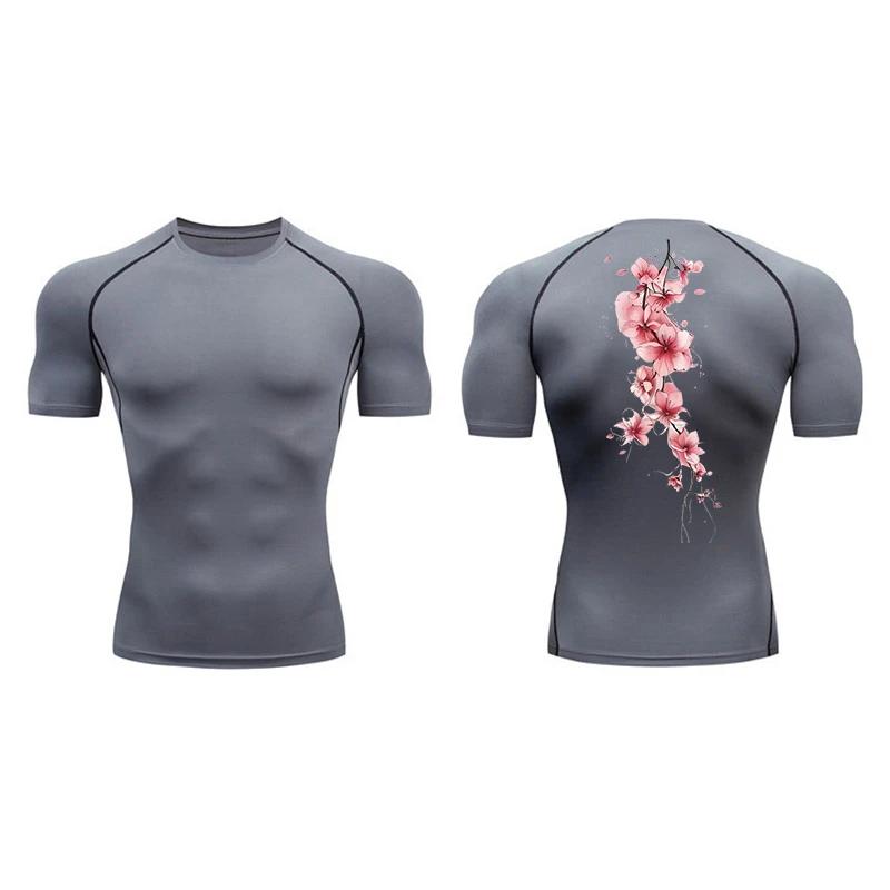 Blossom Print Short Sleeve Compression Tee Shirts Men Summer Athletic Quick Dry T-shirts Fitness Gym Workout Running Sporty Tops