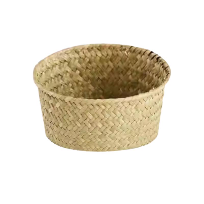 Round Hand-Woven Seagrass Rattan Storage Basket - Pastoral Style for Desktop or Kitchen Organization