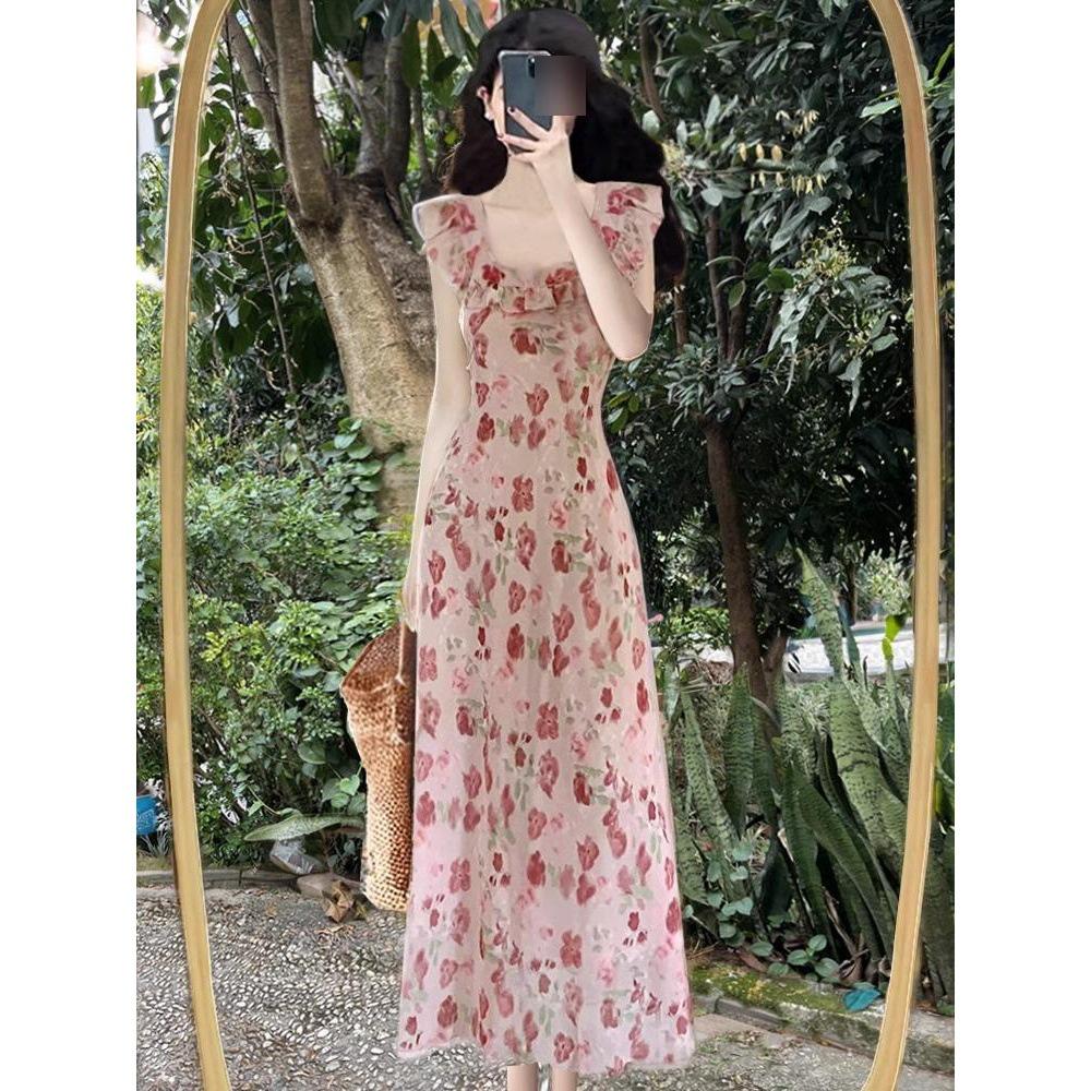 

Women s Summer French Retro Floral A-line Dress with Fly Sleeves S (up to 90 jin) рожевий