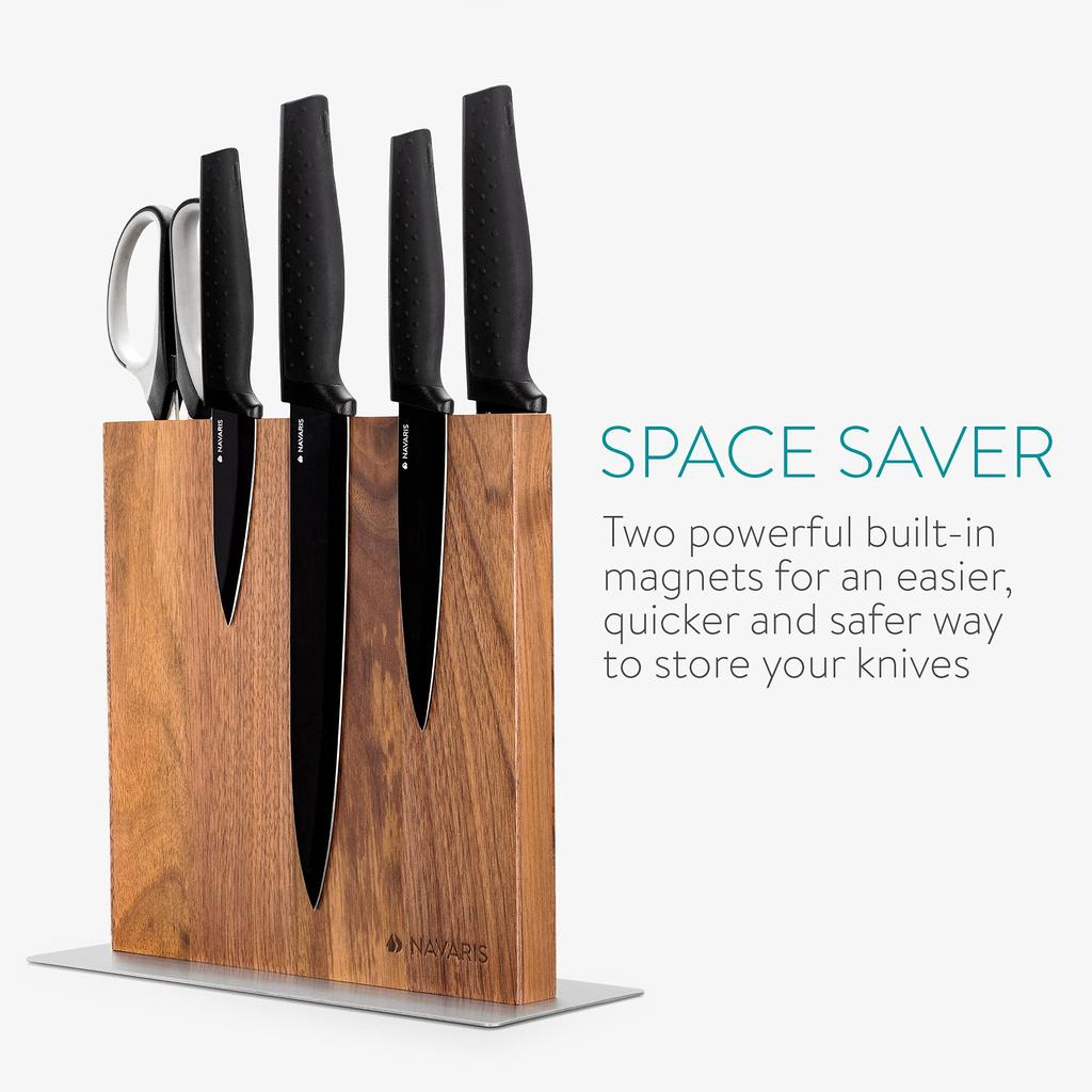 Navaris Magnetic Knife Knife Knife Holder Knife Kitchen Walnut Block, Stand, - Non-Slip Storage, Space-Saving - Double-Sided Storage, 25x23x10cm,