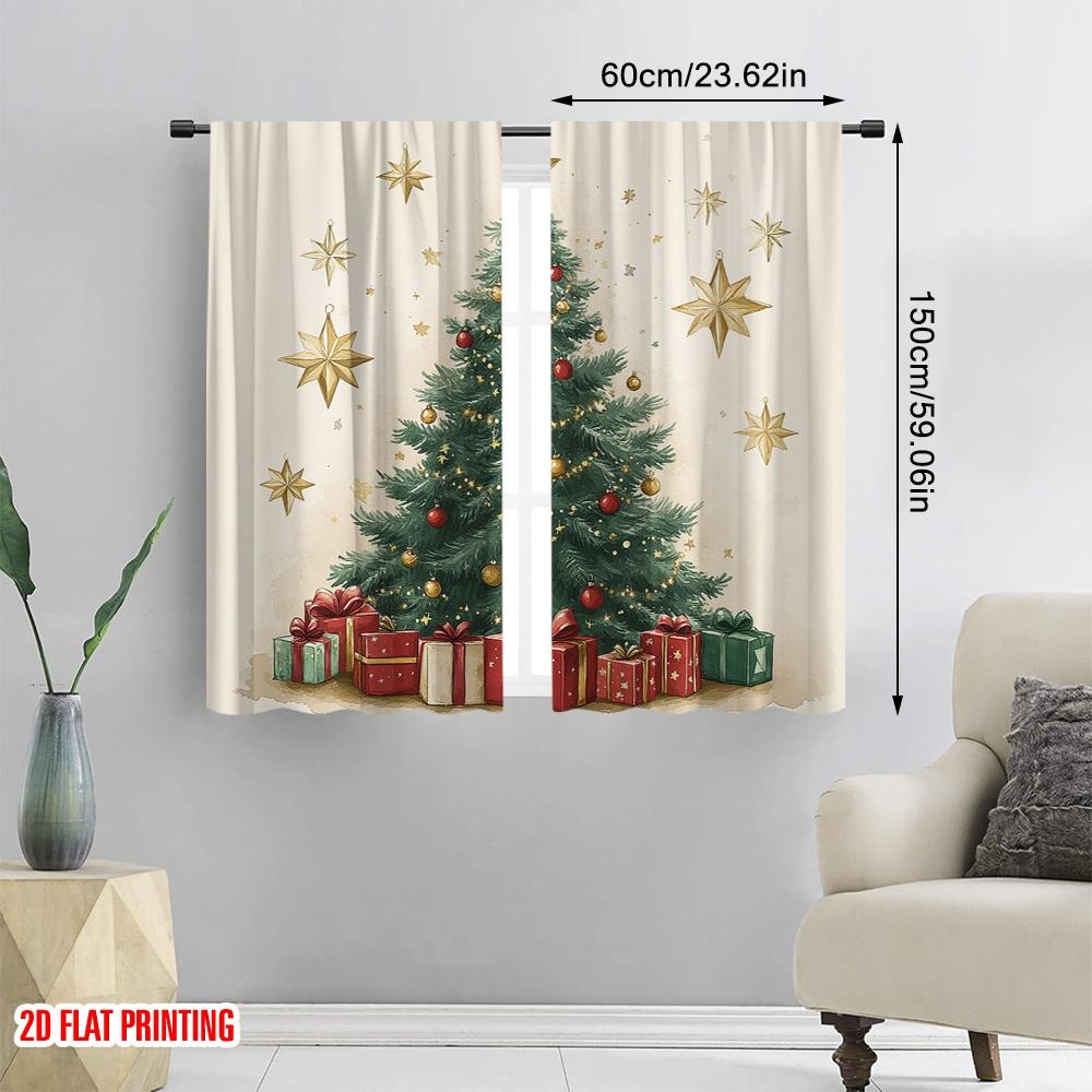 2pcs,2D Plane Printing Curtains&Window Treatment Christmas Tree Gifts Stars_a (3) Polyester Woven (without Rod) Home Decor for