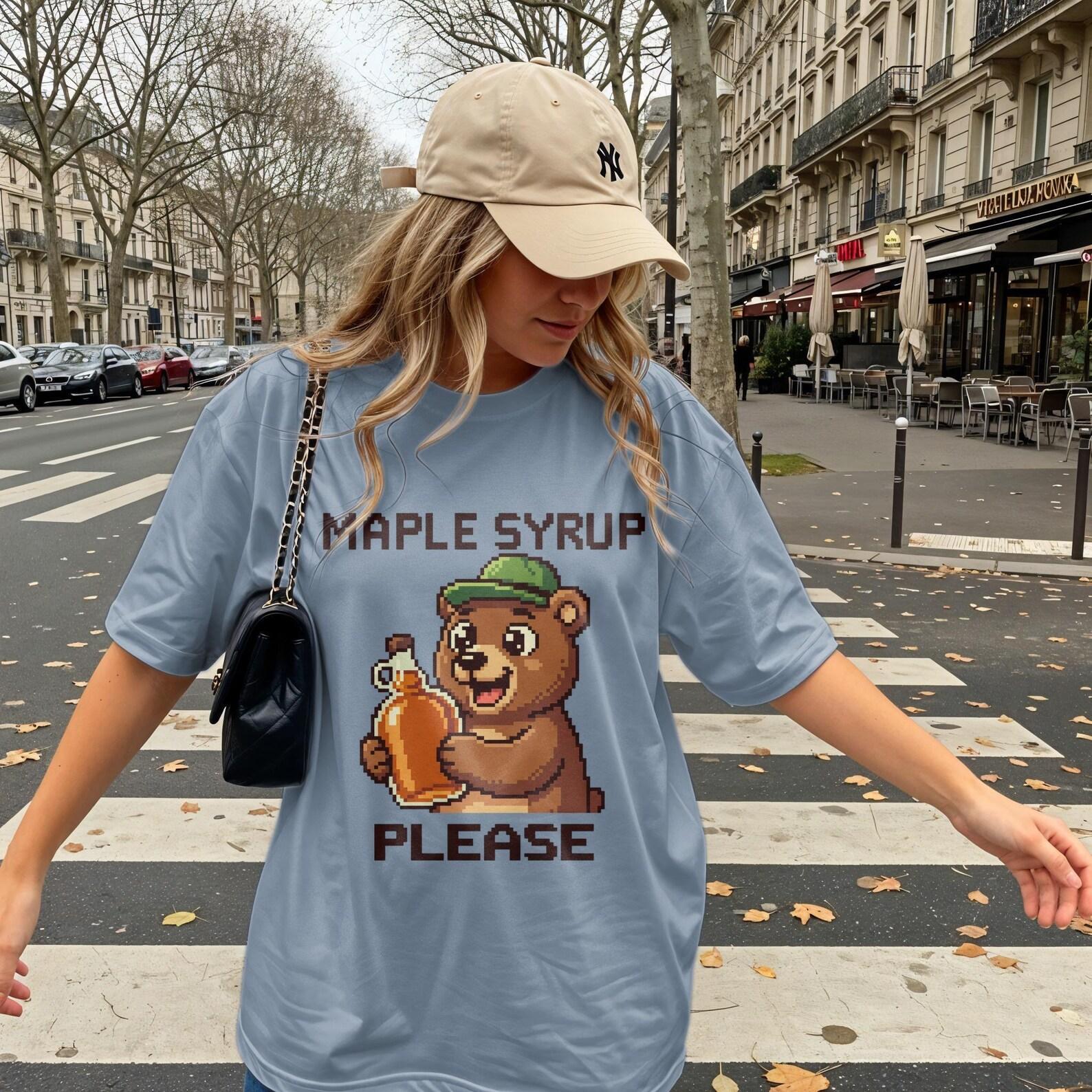 Maple Syrup Please T-Shirts, Pixel Art T-shirts, Funny Bear Retro Gaming Cozy Games Stardew Valley Gift Gamer Gifts, Gamer Shirt L
