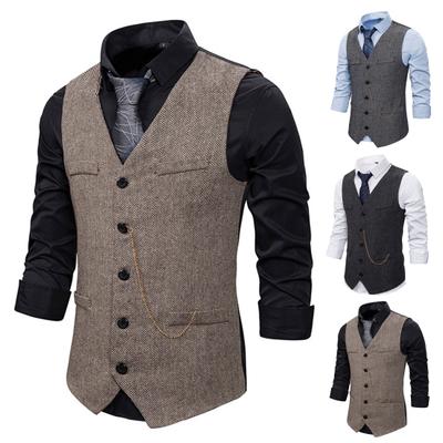 Erkekler Resmi Yelek Iş Yelek Zinciri Dekor Kolsuz Slim Fit Tek göğüslü V Boyun kırışıklık karşıtı Yama Cepler Erkek Ceket