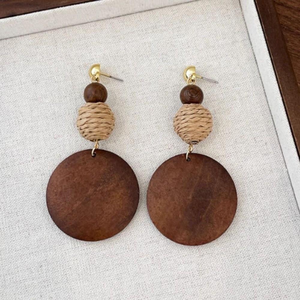 Brown Wooden Drop Earrings Flower Beads Dangle Earrings New Woven Tassel Earrings Beach