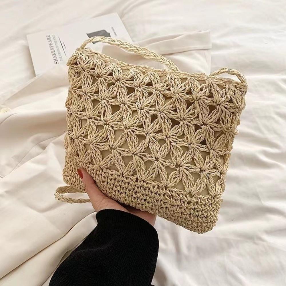 New Straw Woven Crossbody Bag Lightweight Beige Khaki Beach Shoulder Bag Hollow Style Ladies Woven Pouch for Vacation