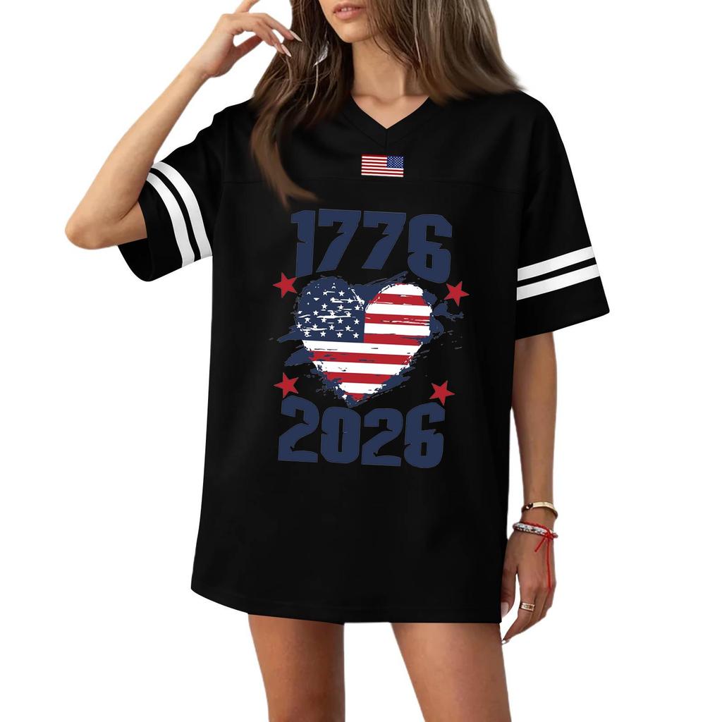 Damen Casual Mode V-Ausschnitt Sport Unabhängigkeitstag Druck Kurzarm Sport T-Shirt Top