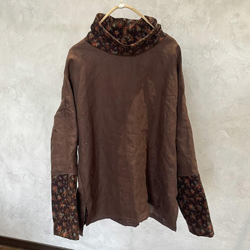 

Johnature Винтажные женские водолазки, лоскутные цветные, с длинным рукавом, осенние, свободные женские футболки One Size темный кофе