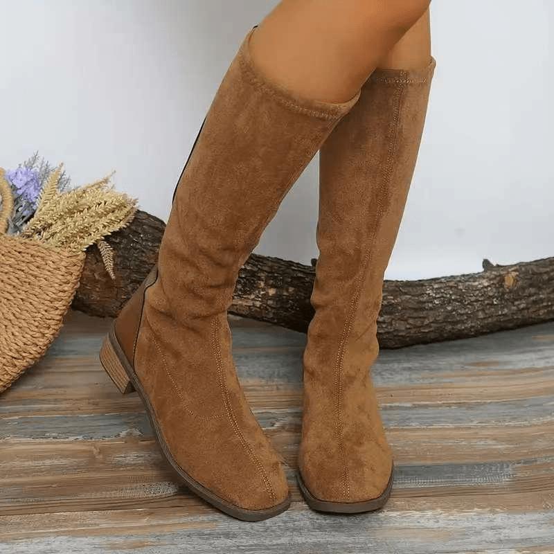 Cizme Elegante de Iarnă pentru Femei - Toc Gros, Închidere cu Fermoar, Talpă de Cauciuc Antiderapantă, Ținute Formale și de Zi cu Zi - Cizme Maro pentru Sezoanele Toamnă/Iarnă