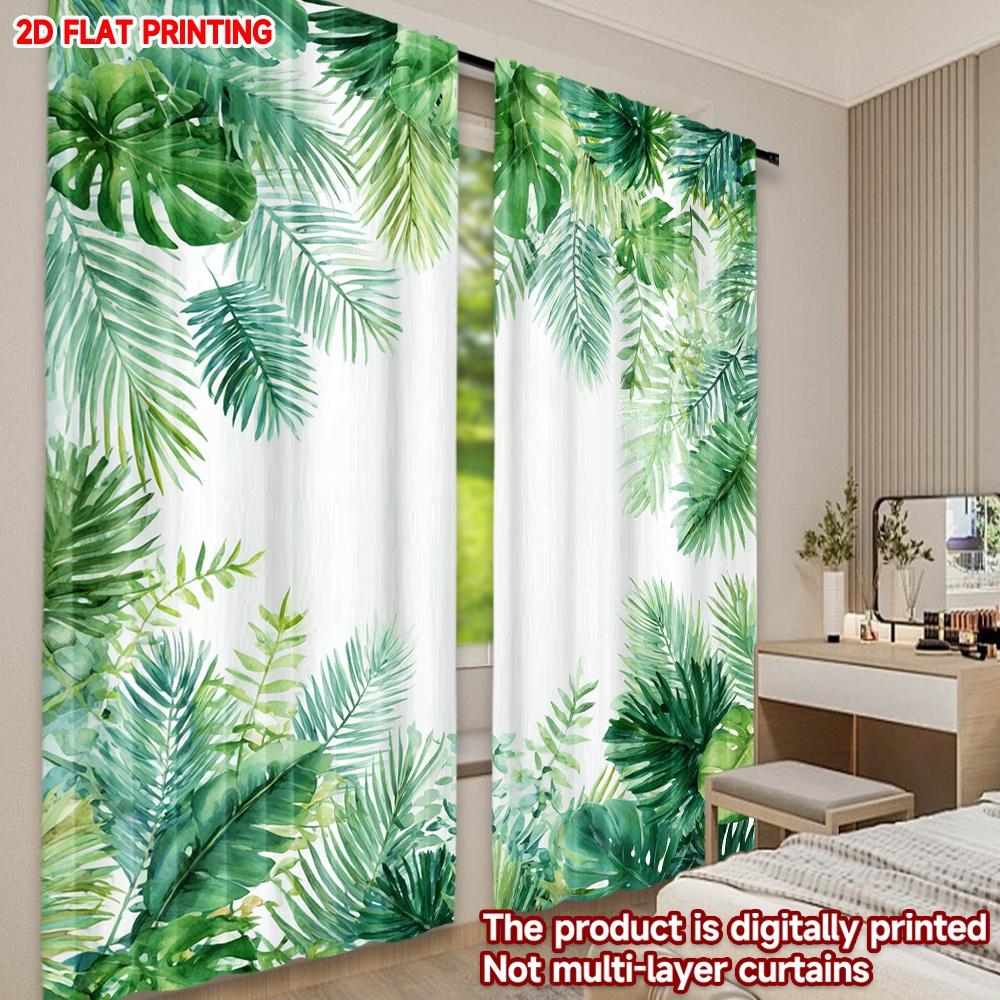 2D flat printing 2pcs Window Curtains Tropical Green Leaves Border Digital Printed Polyester Drapes Family Party Perfect for