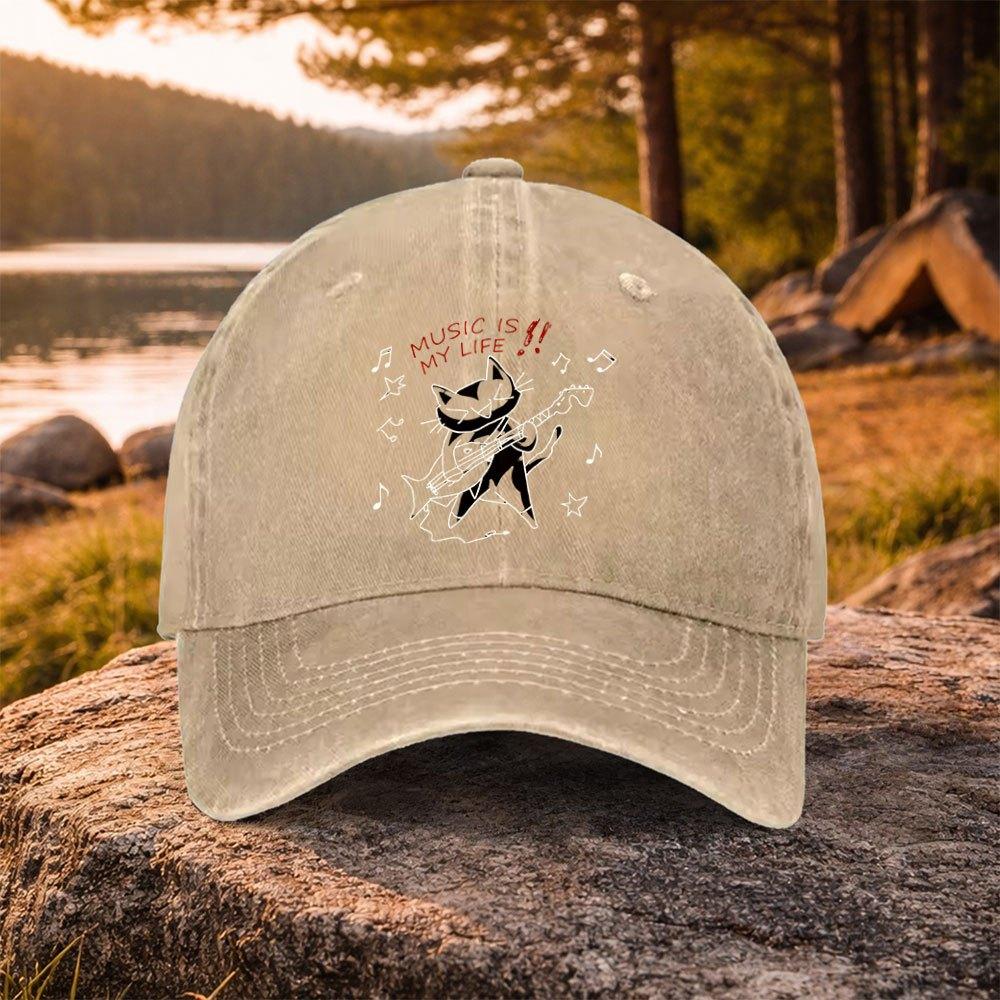 Music Cat Guitar Print Washed Baseball Cap Unisex Casual Hat for Golf Outdoor Daily Wear